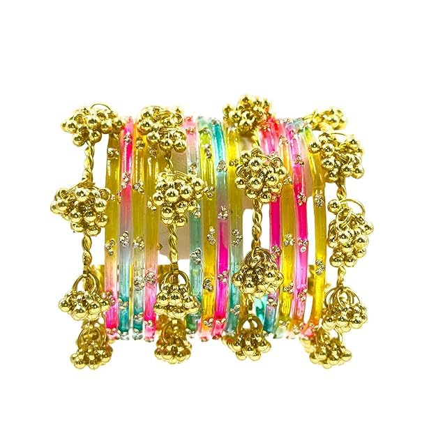 16pc Multi Color Glass Bangles Set Viral Kashmiri Ghungroo Chuda with Heavy Gold Guchha Charms Traditional Jewelry for Women