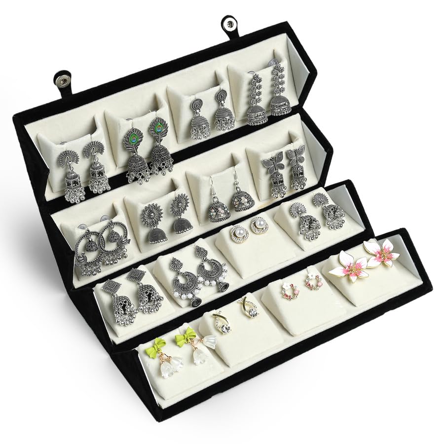 Oxidized Designer Stud Earrings Set of 16 with Folding Jewelry Box | Traditional & Modern Earring Set for Women & Girls