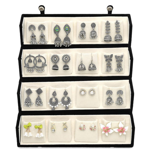 Oxidized Designer Stud Earrings Set of 16 with Folding Jewelry Box | Traditional & Modern Earring Set for Women & Girls