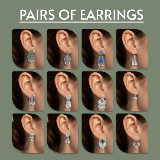 Ishq-E-Jhumka Oxidized Designer Earrings Set of 12 With Folding Jewelry Box | Minimalist & Traditional Jhumka Set for Womens & Girls