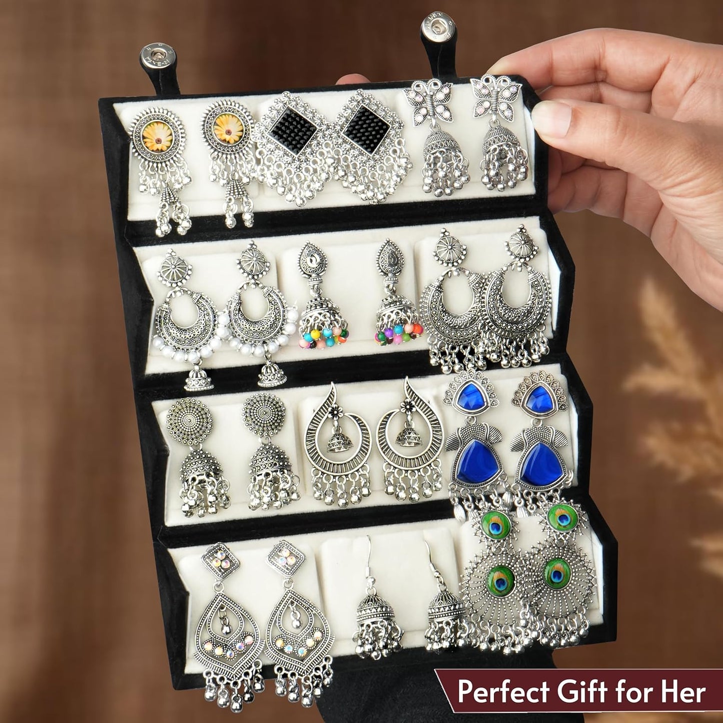 Ishq-E-Jhumka Oxidized Designer Earrings Set of 12 With Folding Jewelry Box | Minimalist & Traditional Jhumka Set for Womens & Girls